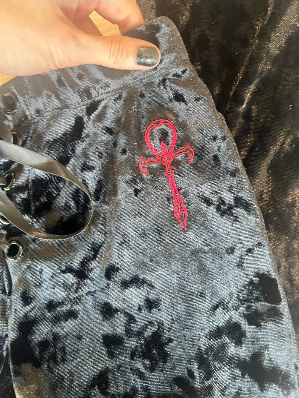 Widow Black Velvet Flare Pants with Ribbon Tie Up - Picture 3 of 6